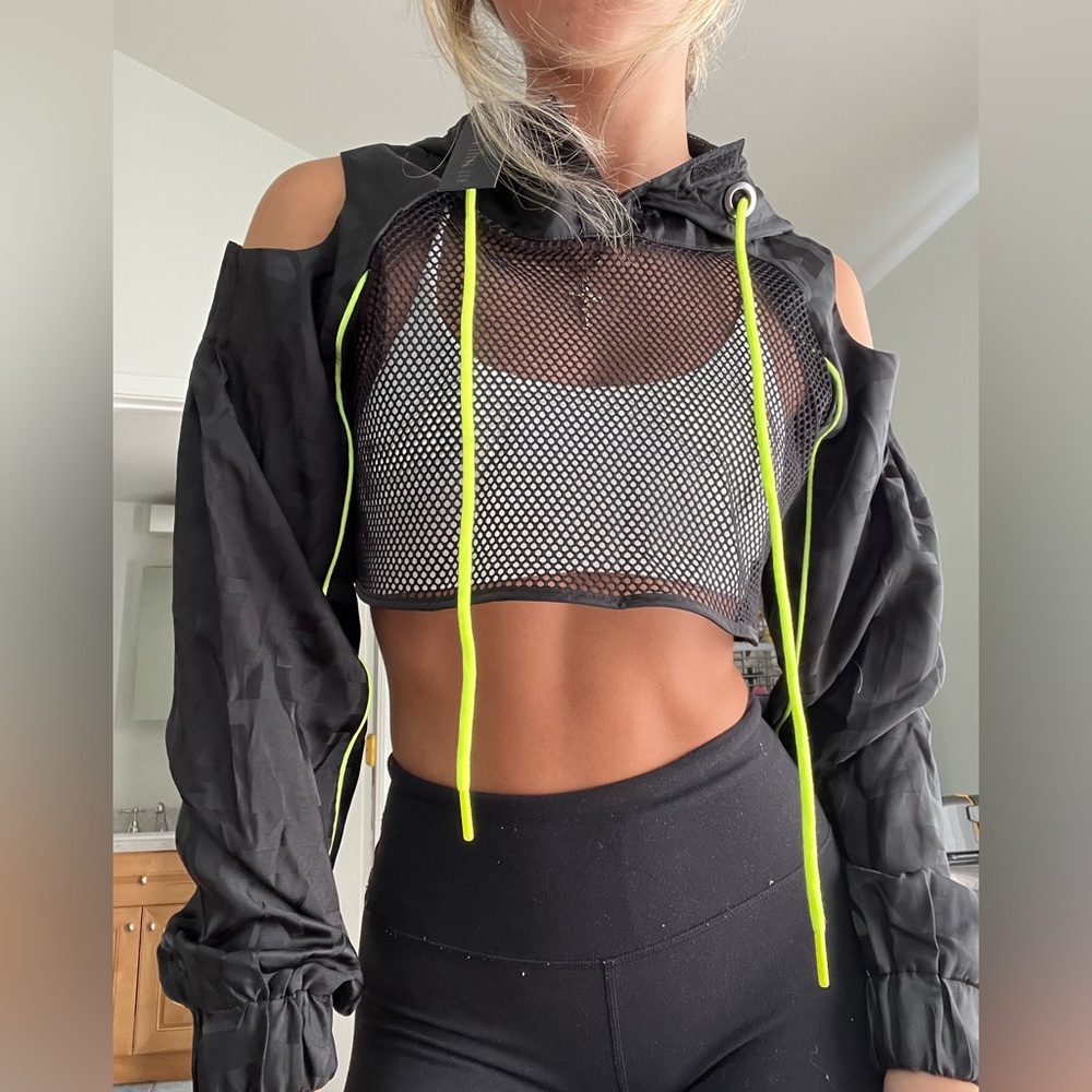 LF The Brand- cropped windbreaker with shoulder cut out and fish net